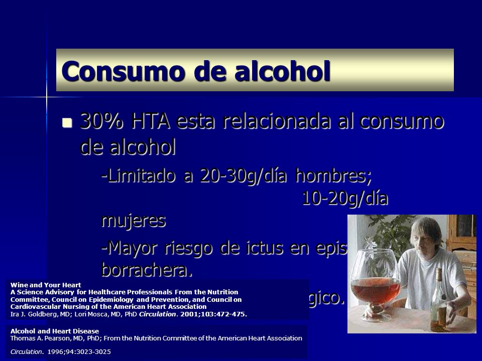 Consumo de alcohol 30% HTA esta relacionada al consumo de alcohol