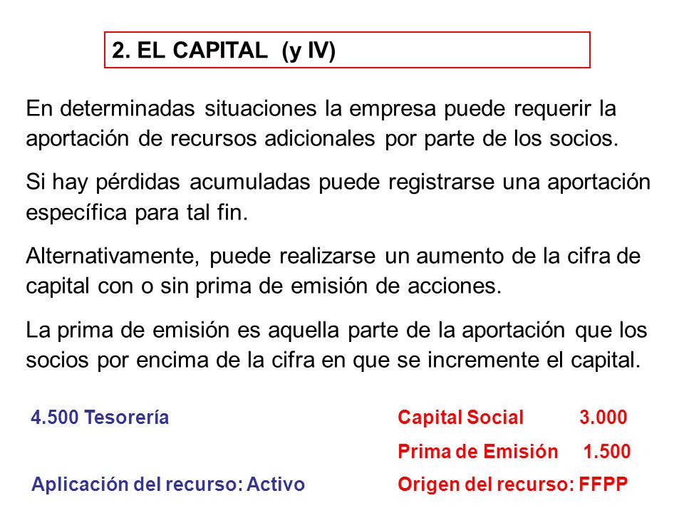 2. EL CAPITAL (y IV) En determinadas situaciones la empresa puede requerir la aportación de recursos adicionales por parte de los socios.