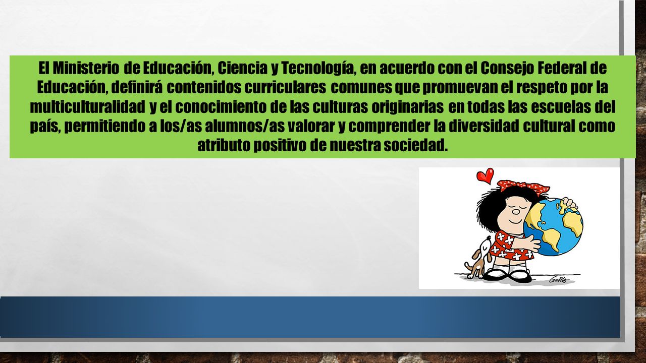 El Ministerio de Educación, Ciencia y Tecnología, en acuerdo con el Consejo Federal de Educación, definirá contenidos curriculares comunes que promuevan el respeto por la multiculturalidad y el conocimiento de las culturas originarias en todas las escuelas del país, permitiendo a los/as alumnos/as valorar y comprender la diversidad cultural como atributo positivo de nuestra sociedad.