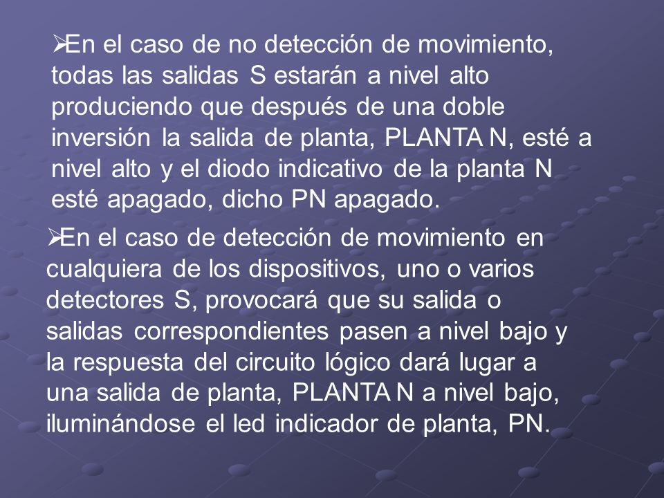 En el caso de no detección de movimiento, todas las salidas S estarán a nivel alto produciendo que después de una doble inversión la salida de planta, PLANTA N, esté a nivel alto y el diodo indicativo de la planta N esté apagado, dicho PN apagado.