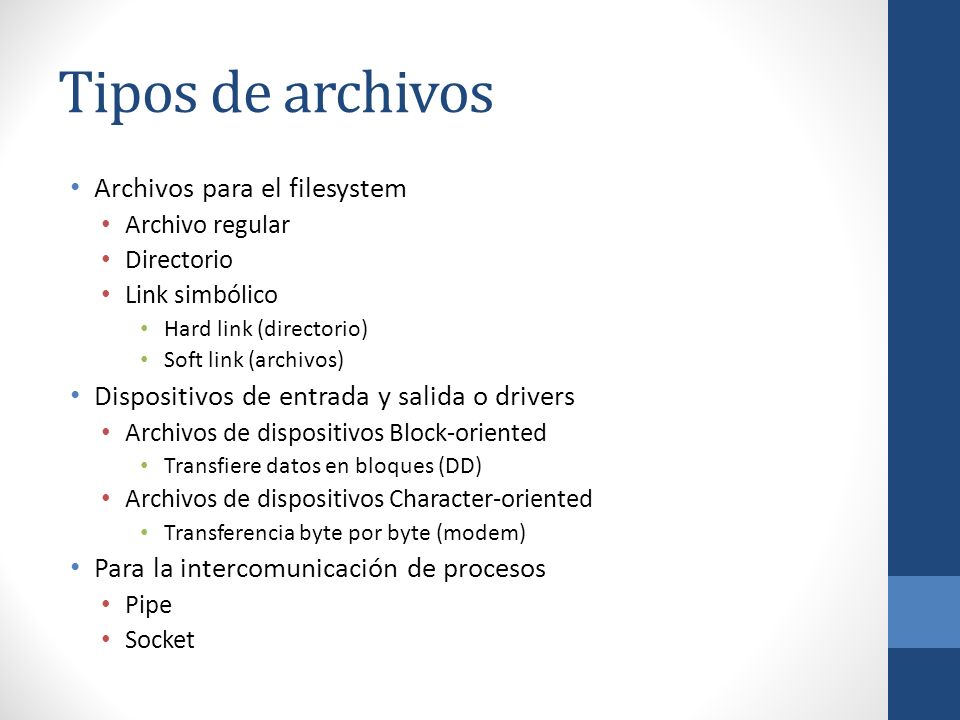 Tipos de archivos Archivos para el filesystem