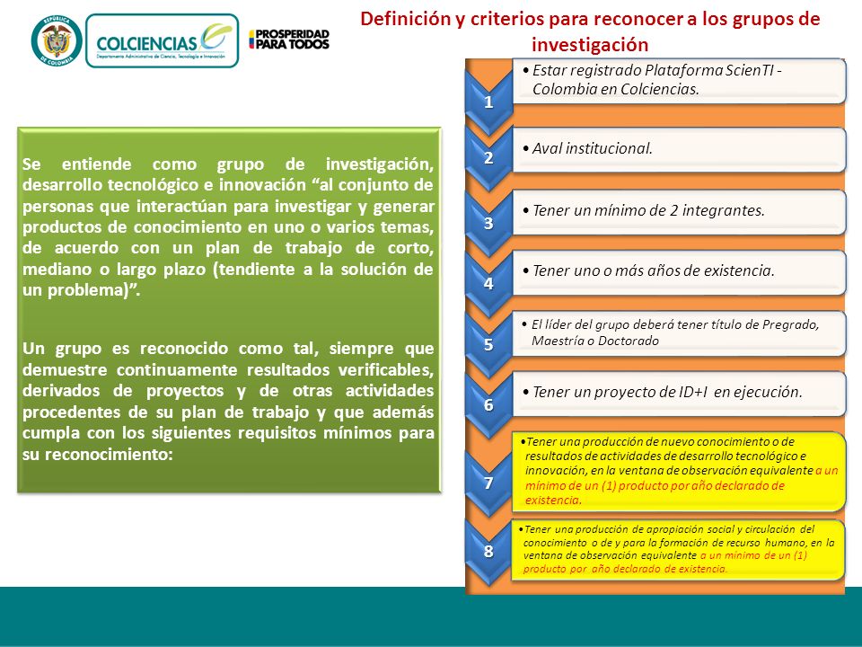 Definición y criterios para reconocer a los grupos de investigación