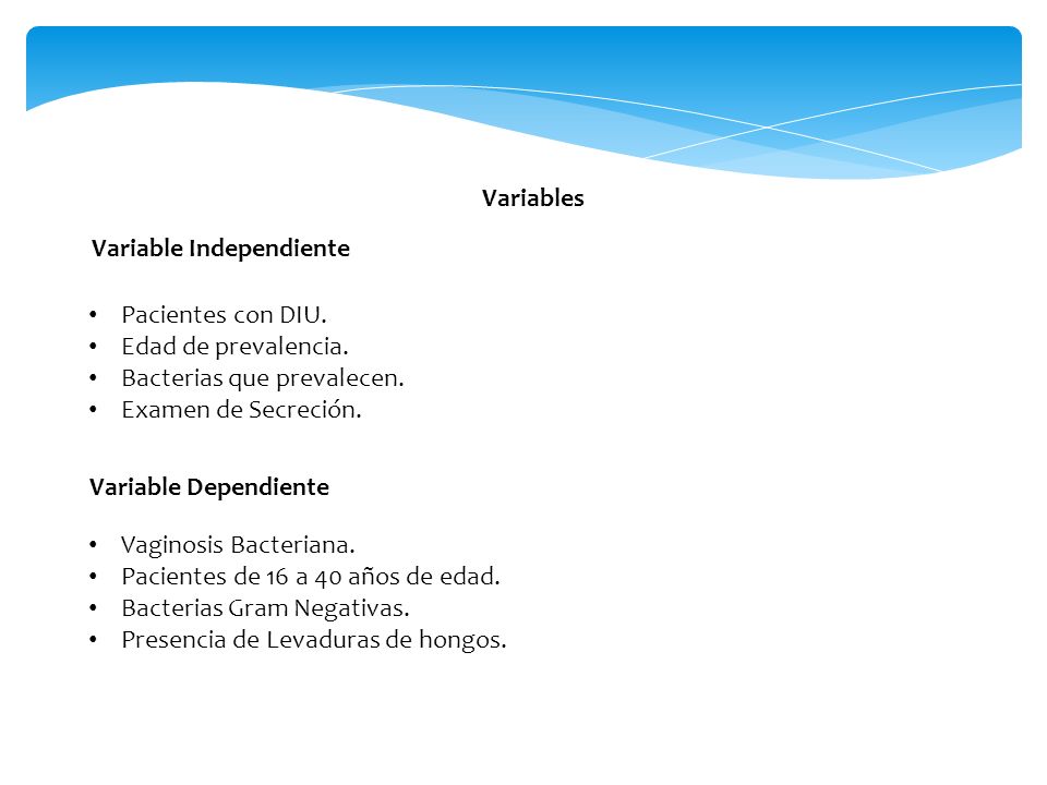 Variables Variable Independiente. Pacientes con DIU. Edad de prevalencia. Bacterias que prevalecen.