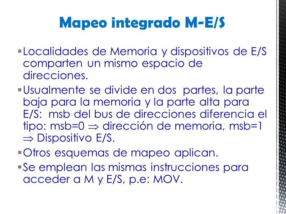 Mapeo integrado M-E/S Localidades de Memoria y dispositivos de E/S comparten un mismo espacio de direcciones.