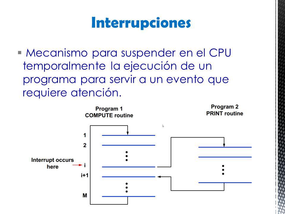 Interrupciones Mecanismo para suspender en el CPU temporalmente la ejecución de un programa para servir a un evento que requiere atención.