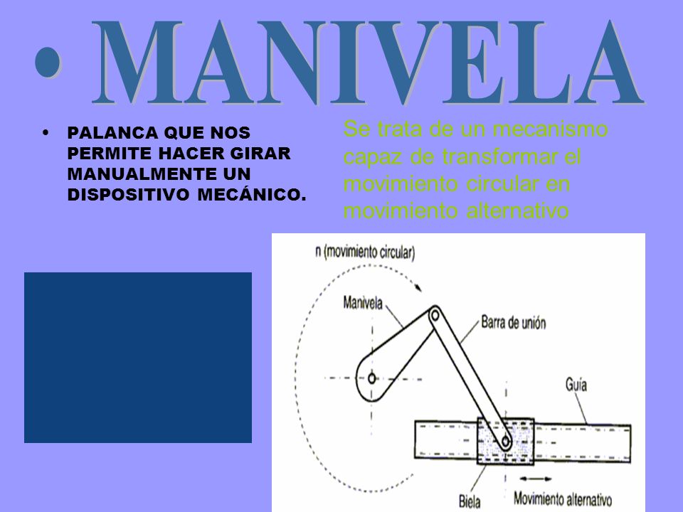 MANIVELA Se trata de un mecanismo capaz de transformar el movimiento circular en movimiento alternativo.