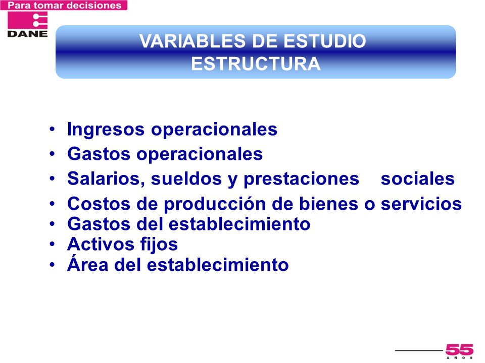 VARIABLES DE ESTUDIO ESTRUCTURA. Ingresos operacionales. Gastos operacionales. Salarios, sueldos y prestaciones sociales.