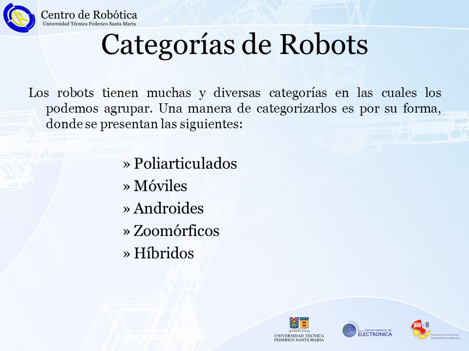 Categorías de Robots Poliarticulados Móviles Androides Zoomórficos