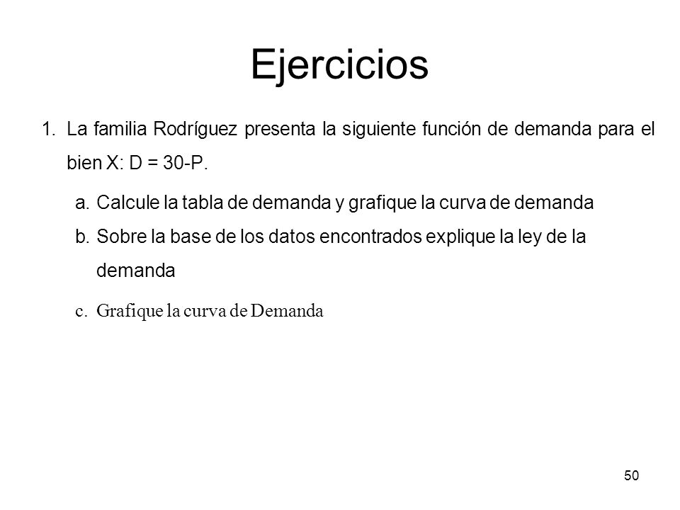 Ejercicios La familia Rodríguez presenta la siguiente función de demanda para el bien X: D = 30-P.