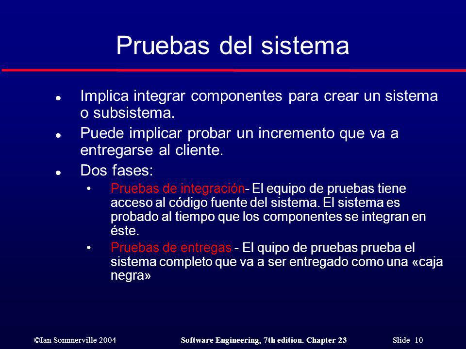 Pruebas del sistema Implica integrar componentes para crear un sistema o subsistema.