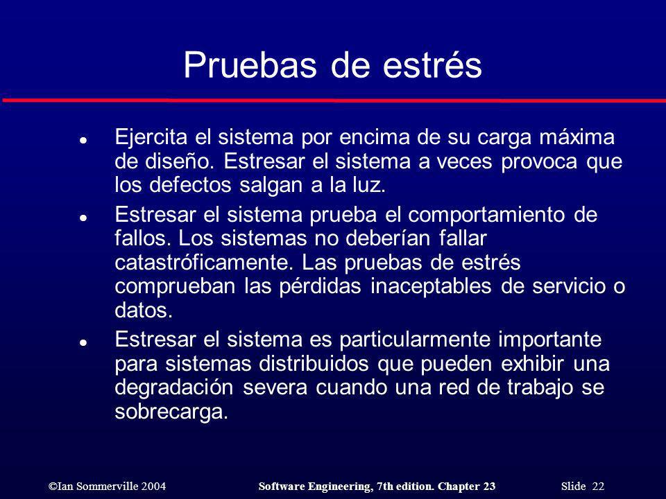 Pruebas de estrés Ejercita el sistema por encima de su carga máxima de diseño. Estresar el sistema a veces provoca que los defectos salgan a la luz.