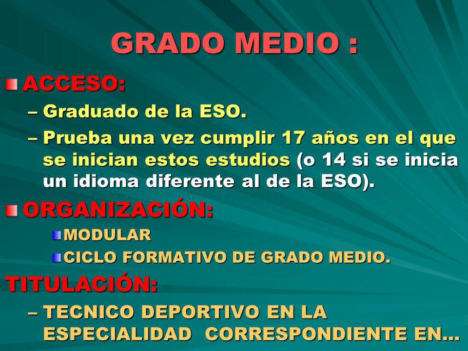 GRADO MEDIO : ACCESO: ORGANIZACIÓN: TITULACIÓN: Graduado de la ESO.