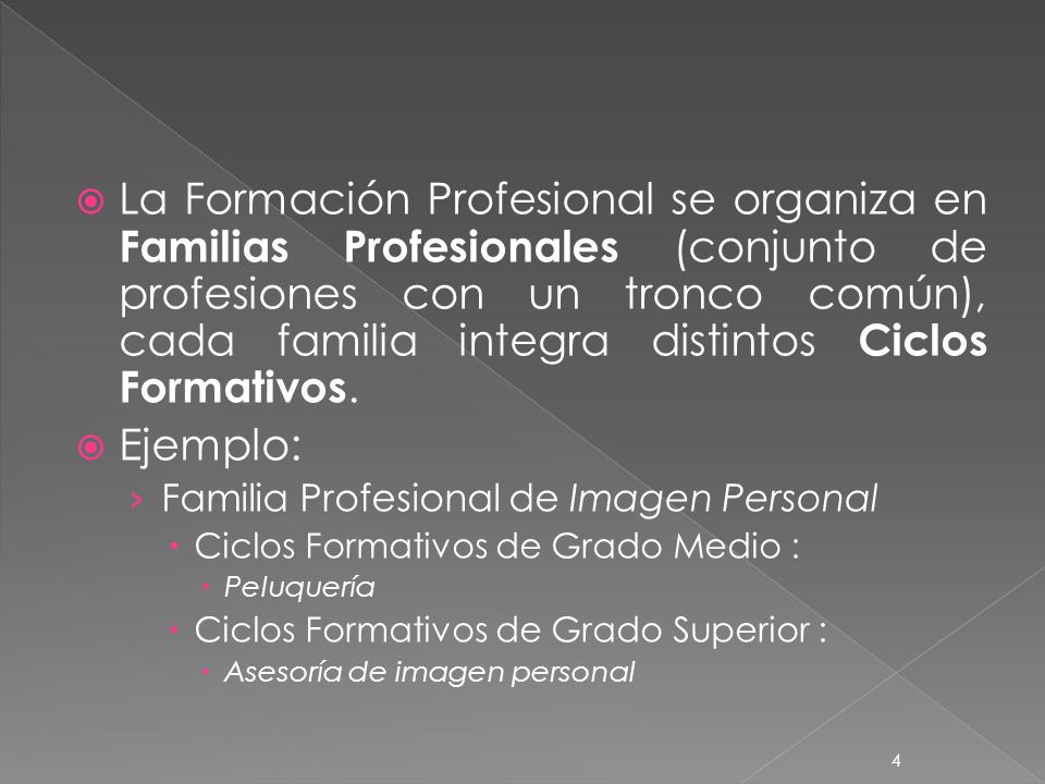 La Formación Profesional se organiza en Familias Profesionales (conjunto de profesiones con un tronco común), cada familia integra distintos Ciclos Formativos.