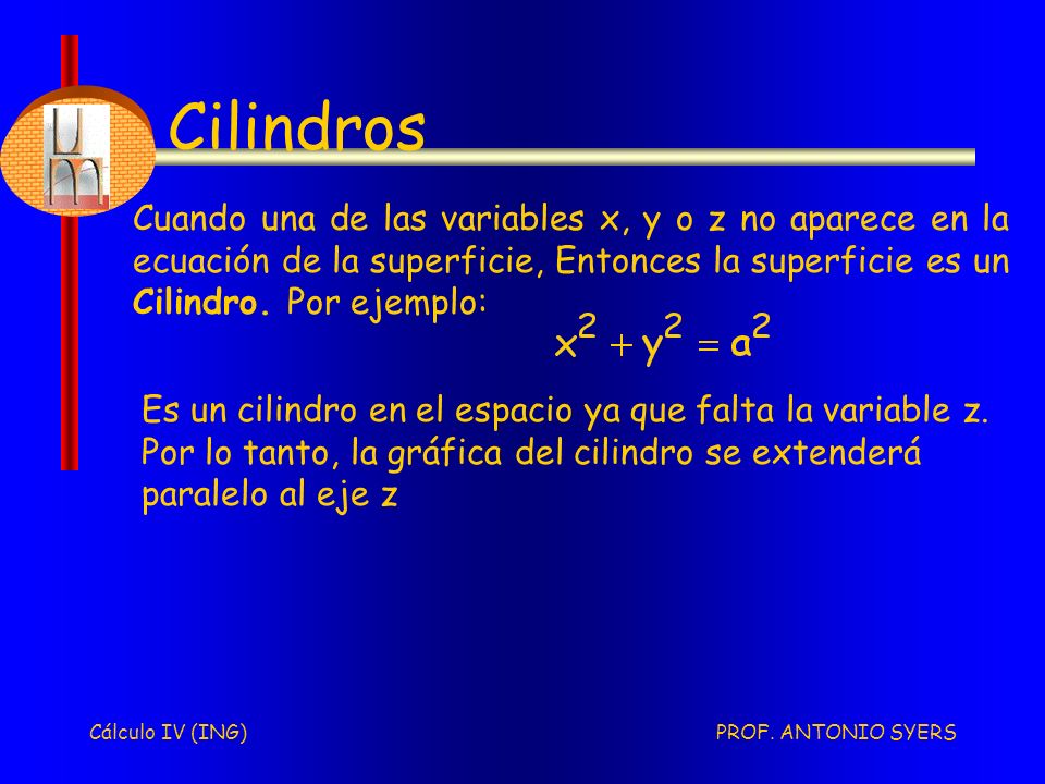 Cilindros Cuando una de las variables x, y o z no aparece en la ecuación de la superficie, Entonces la superficie es un Cilindro. Por ejemplo: