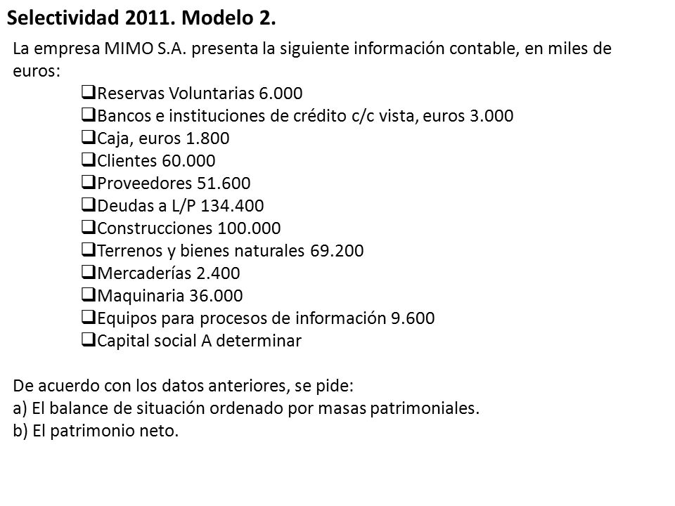Selectividad Modelo 2. La empresa MIMO S.A. presenta la siguiente información contable, en miles de euros: