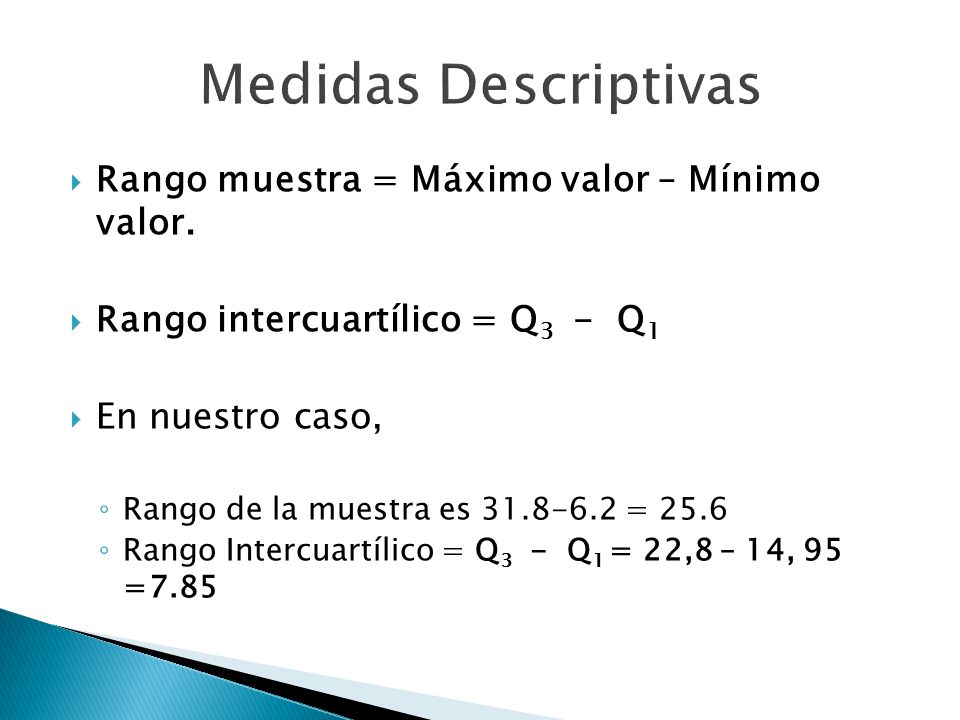 Medidas Descriptivas Rango muestra = Máximo valor – Mínimo valor.