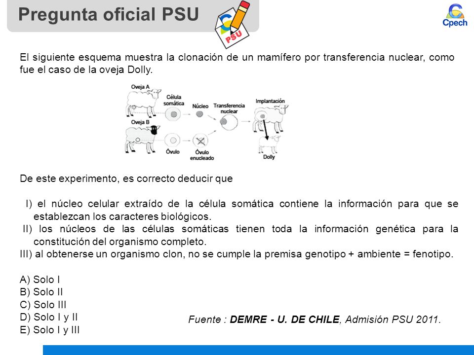 Pregunta oficial PSU El siguiente esquema muestra la clonación de un mamífero por transferencia nuclear, como fue el caso de la oveja Dolly.