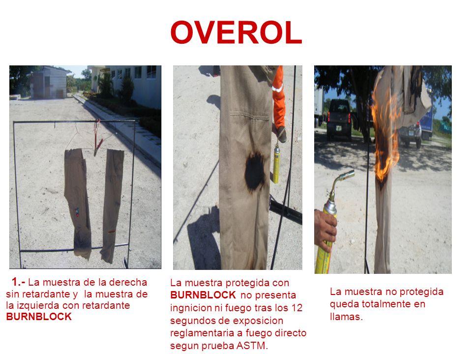 OVEROL 1.- La muestra de la derecha sin retardante y la muestra de la izquierda con retardante BURNBLOCK.