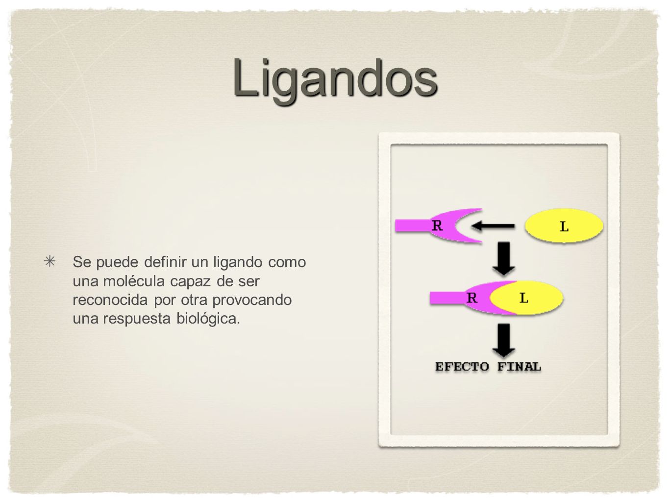 Ligandos Se puede definir un ligando como una molécula capaz de ser reconocida por otra provocando una respuesta biológica.
