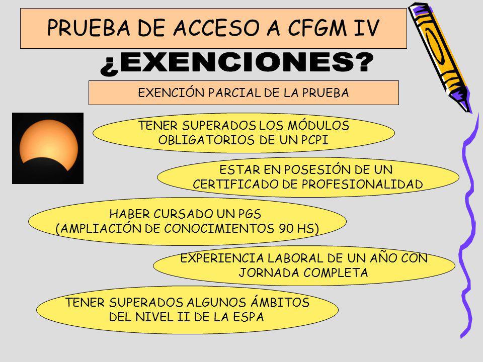 ¿EXENCIONES PRUEBA DE ACCESO A CFGM IV EXENCIÓN PARCIAL DE LA PRUEBA
