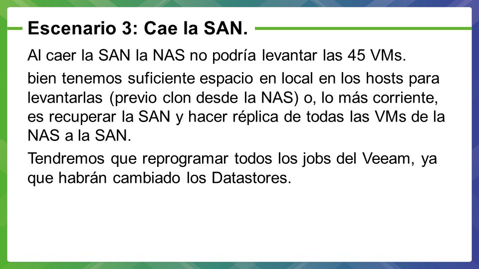 Escenario 3: Cae la SAN. Al caer la SAN la NAS no podría levantar las 45 VMs.