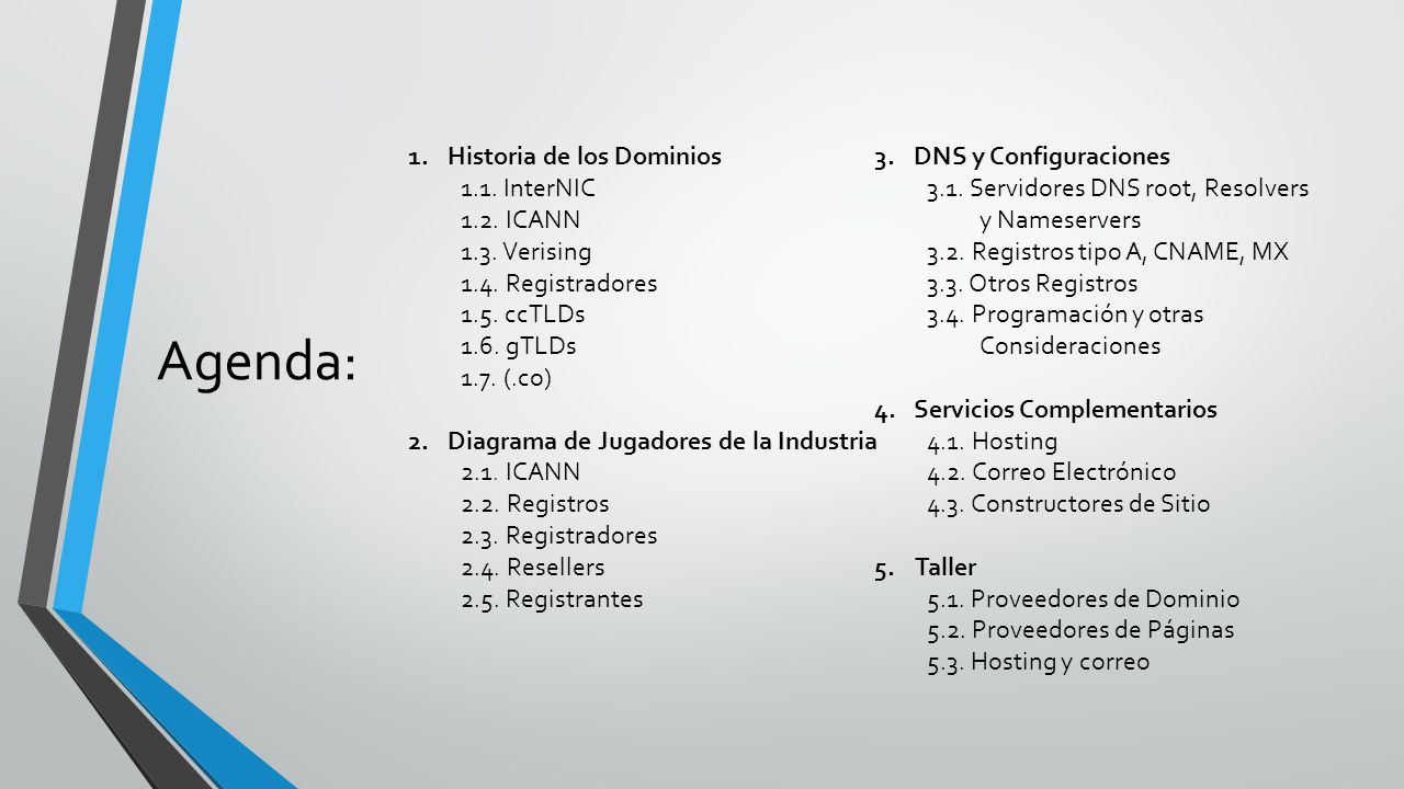 Agenda: Historia de los Dominios 1.1. InterNIC 1.2. ICANN