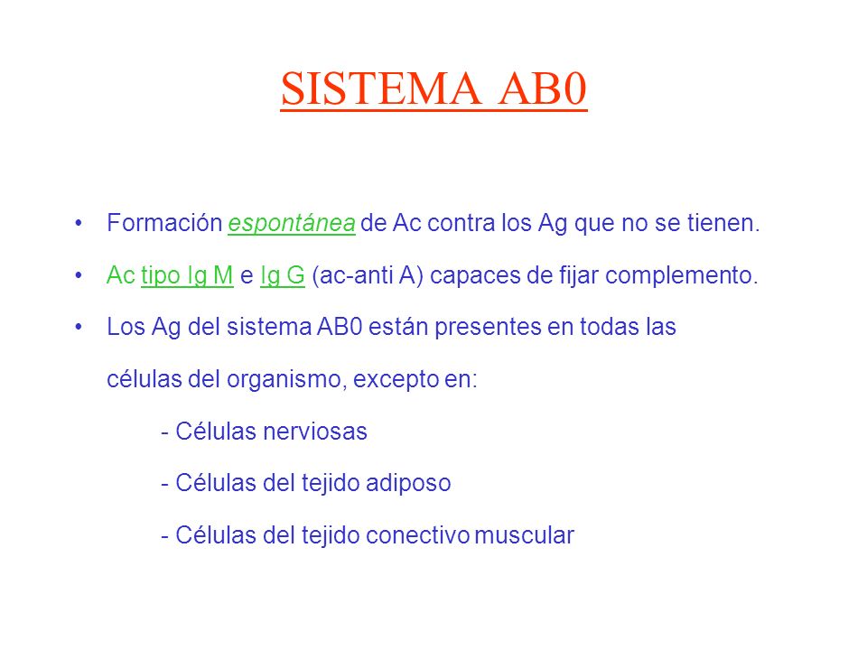 SISTEMA AB0 Formación espontánea de Ac contra los Ag que no se tienen.