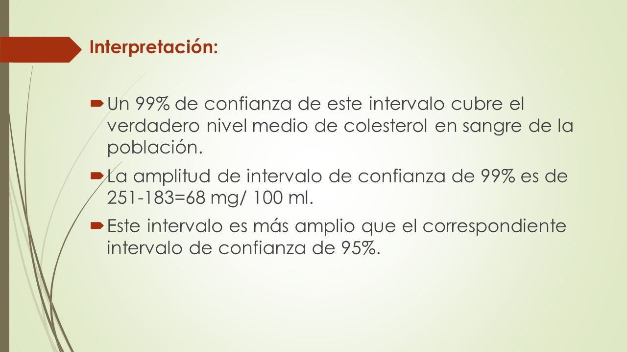 Interpretación: Un 99% de confianza de este intervalo cubre el verdadero nivel medio de colesterol en sangre de la población.