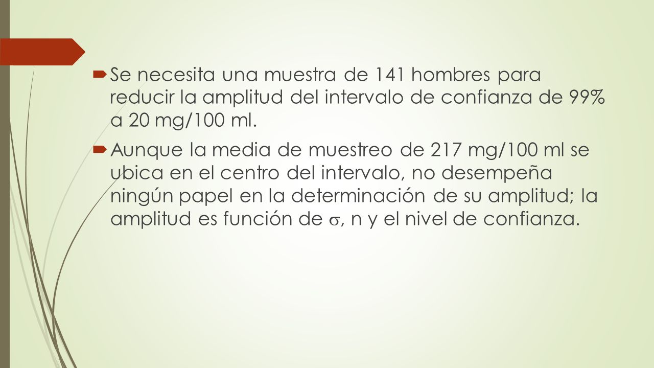 Se necesita una muestra de 141 hombres para reducir la amplitud del intervalo de confianza de 99% a 20 mg/100 ml.