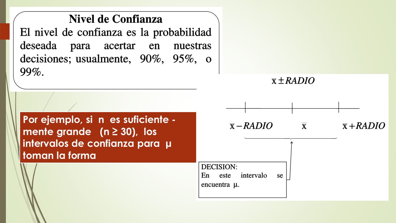 Por ejemplo, si n es suficiente -mente grande (n ≥ 30), los intervalos de confianza para µ toman la forma