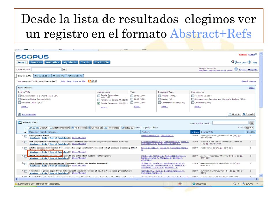 Desde la lista de resultados elegimos ver un registro en el formato Abstract+Refs
