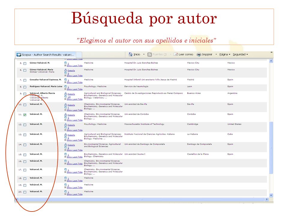 Búsqueda por autor Elegimos el autor con sus apellidos e iniciales