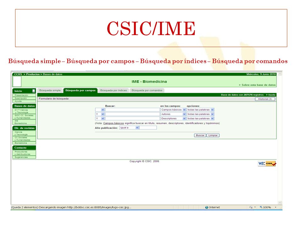 CSIC/IME Búsqueda simple – Búsqueda por campos – Búsqueda por índices – Búsqueda por comandos