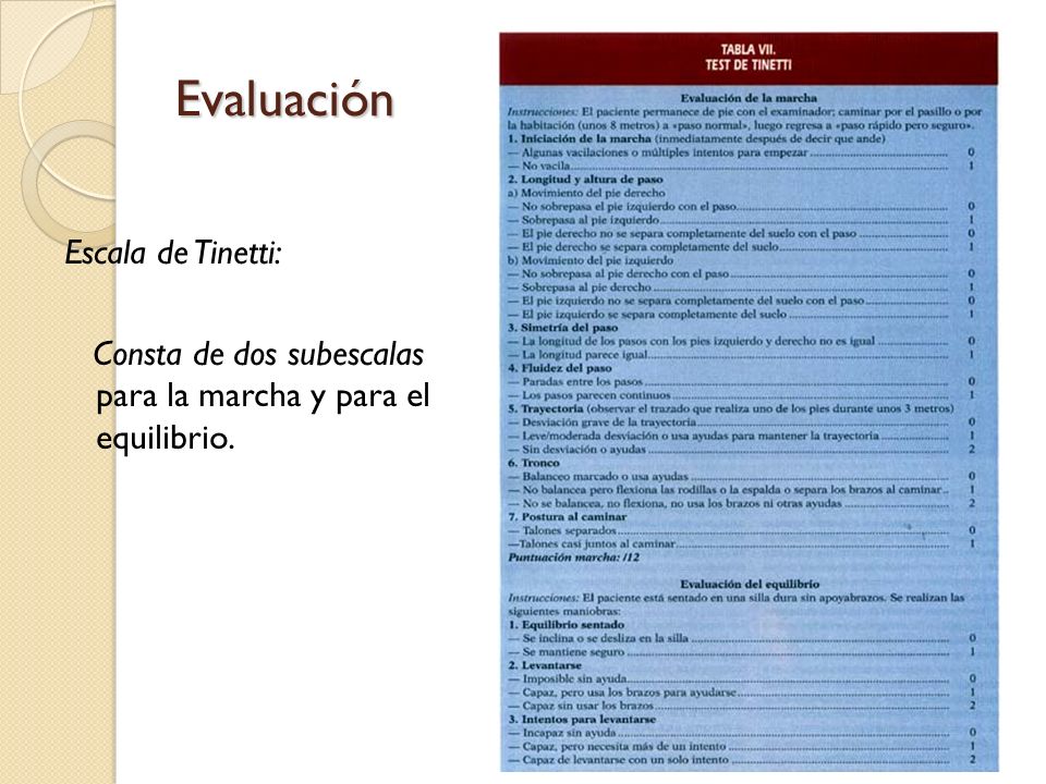 Evaluación Escala de Tinetti: Consta de dos subescalas para la marcha y para el equilibrio.