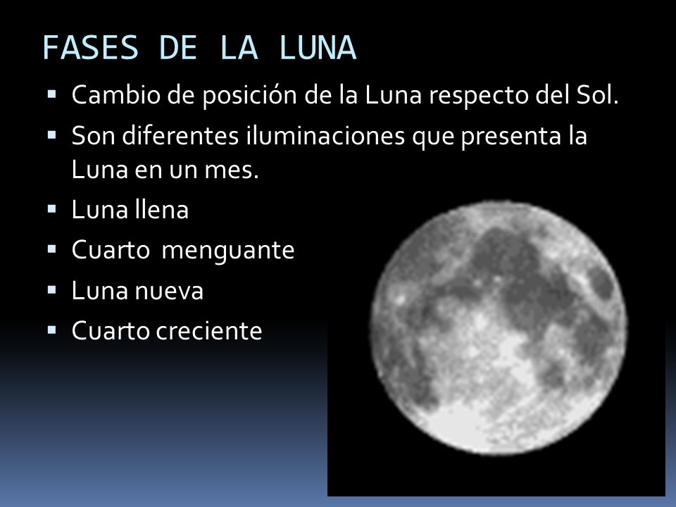 FASES DE LA LUNA Cambio de posición de la Luna respecto del Sol.