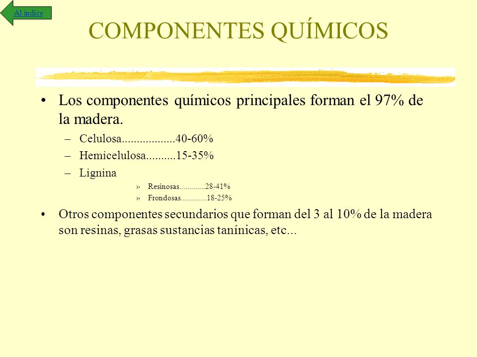 Al índice COMPONENTES QUÍMICOS. Los componentes químicos principales forman el 97% de la madera. Celulosa %