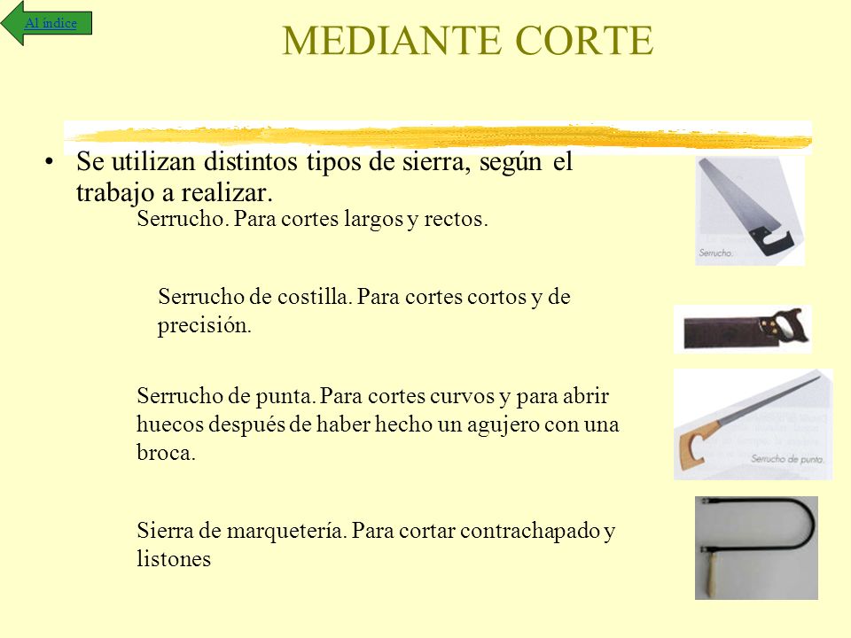 Al índice MEDIANTE CORTE. Se utilizan distintos tipos de sierra, según el trabajo a realizar. Serrucho. Para cortes largos y rectos.