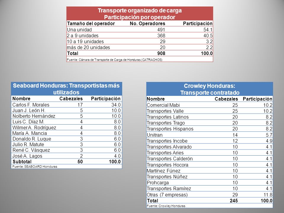 Transporte organizado de carga Participación por operador