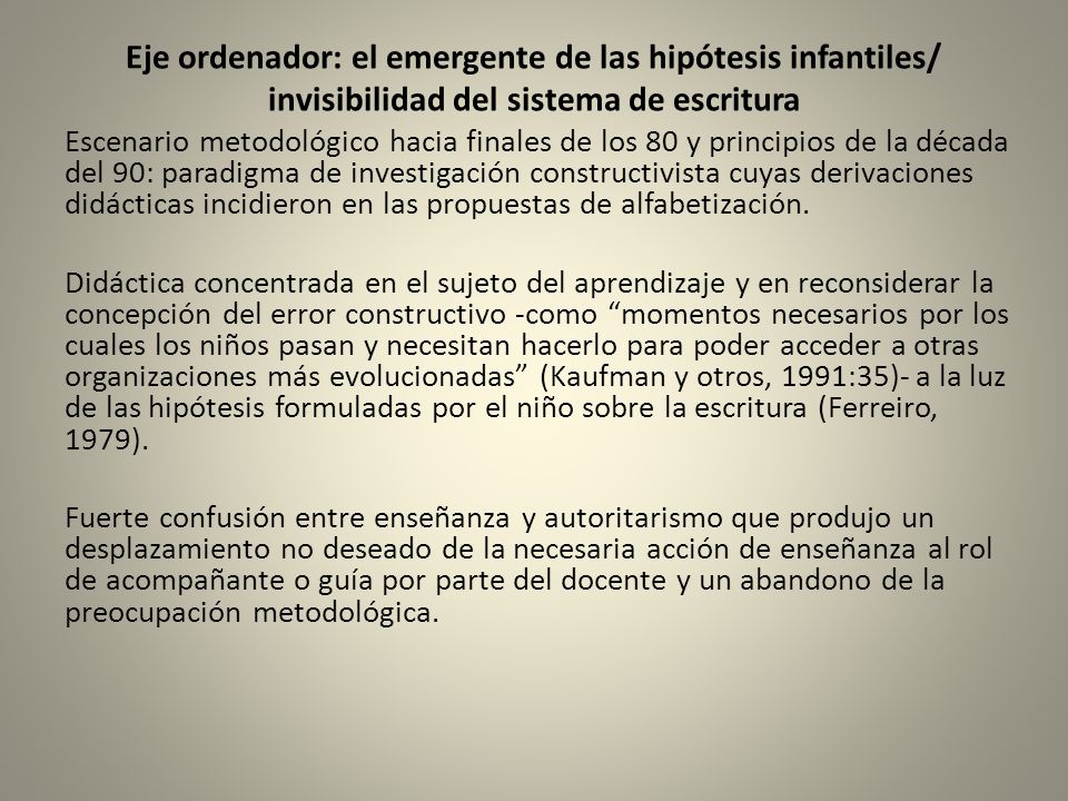 Eje ordenador: el emergente de las hipótesis infantiles/ invisibilidad del sistema de escritura