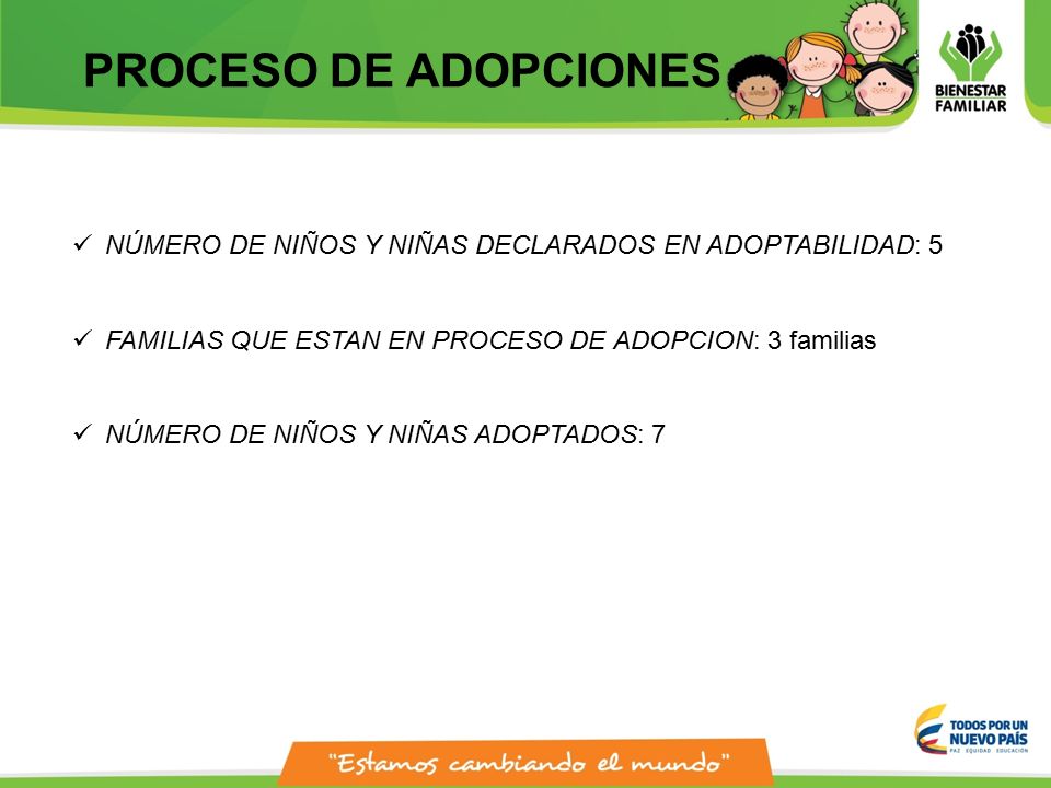 PROCESO DE ADOPCIONES NÚMERO DE NIÑOS Y NIÑAS DECLARADOS EN ADOPTABILIDAD: 5. FAMILIAS QUE ESTAN EN PROCESO DE ADOPCION: 3 familias.