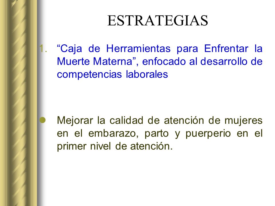 ESTRATEGIAS Caja de Herramientas para Enfrentar la Muerte Materna , enfocado al desarrollo de competencias laborales.