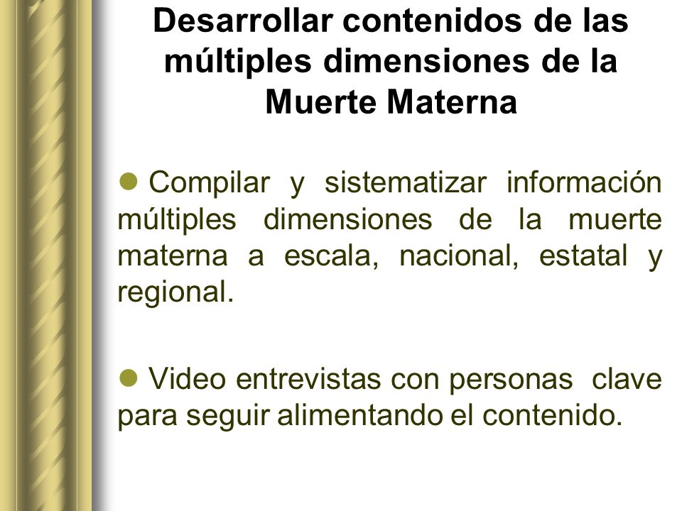 Desarrollar contenidos de las múltiples dimensiones de la Muerte Materna