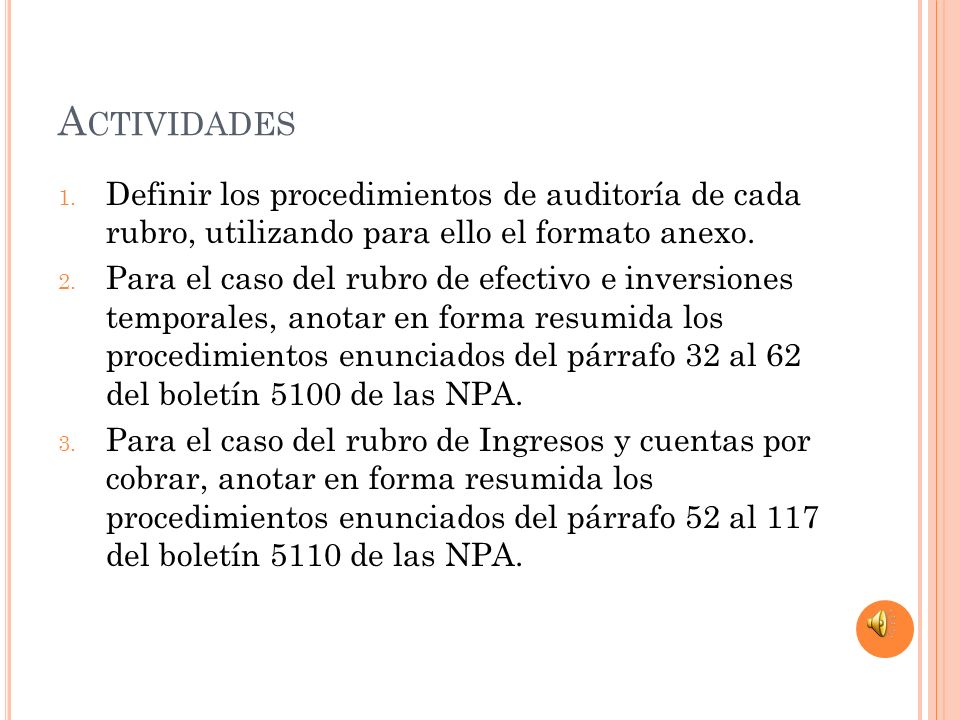 Actividades Definir los procedimientos de auditoría de cada rubro, utilizando para ello el formato anexo.