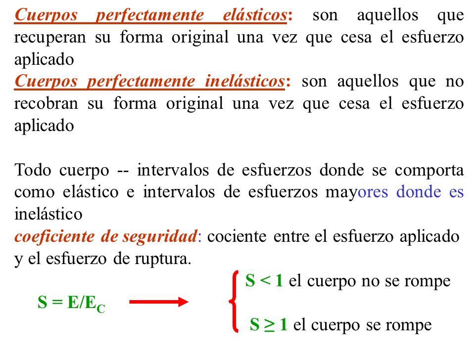 Cuerpos perfectamente elásticos: son aquellos que recuperan su forma original una vez que cesa el esfuerzo aplicado