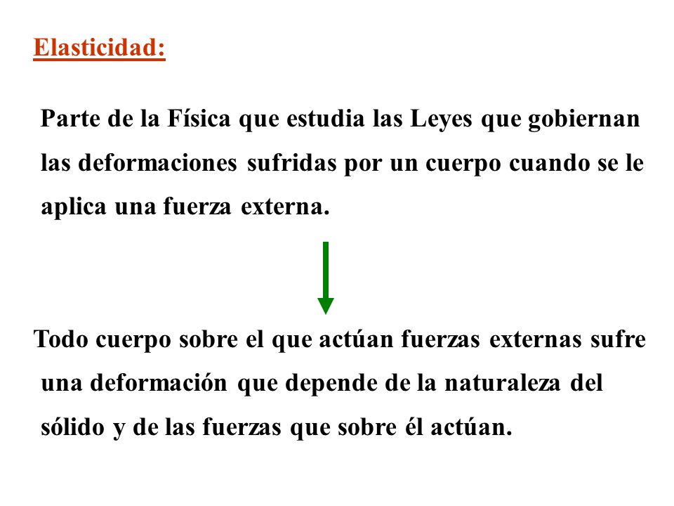 Elasticidad: Parte de la Física que estudia las Leyes que gobiernan las deformaciones sufridas por un cuerpo cuando se le aplica una fuerza externa.