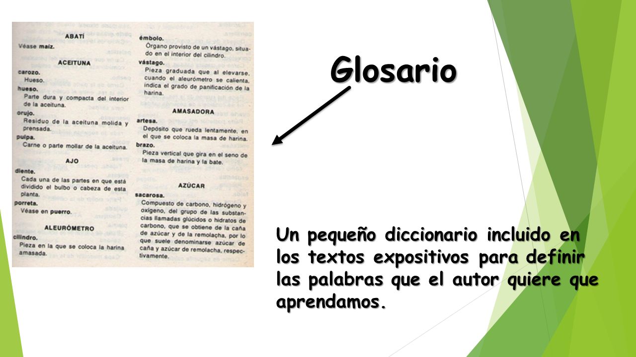 Glosario Un pequeño diccionario incluido en los textos expositivos para definir las palabras que el autor quiere que aprendamos.