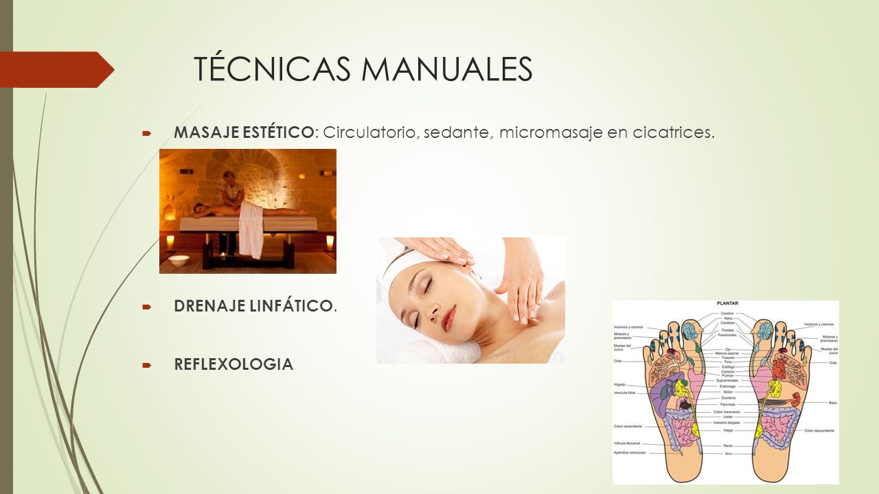 TÉCNICAS MANUALES MASAJE ESTÉTICO: Circulatorio, sedante, micromasaje en cicatrices. DRENAJE LINFÁTICO.