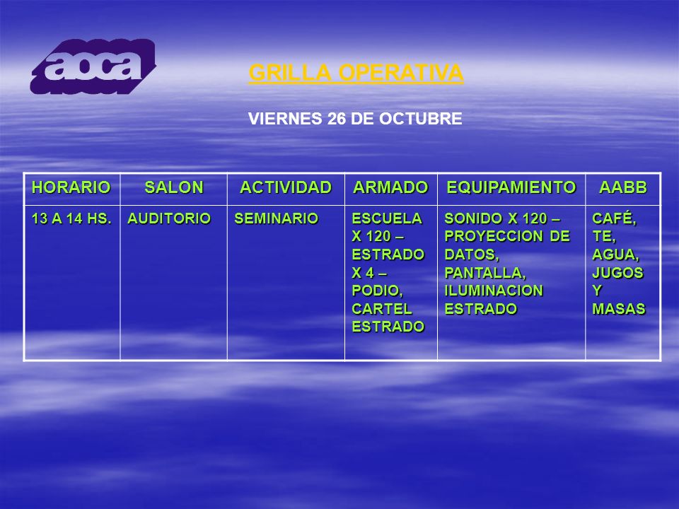 GRILLA OPERATIVA VIERNES 26 DE OCTUBRE HORARIO SALON ACTIVIDAD ARMADO