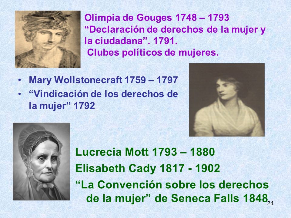 Olimpia de Gouges 1748 – 1793 Declaración de derechos de la mujer y la ciudadana Clubes políticos de mujeres.