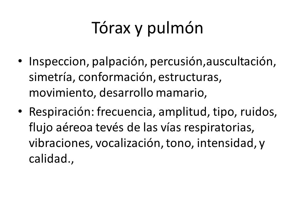 Tórax y pulmón Inspeccion, palpación, percusión,auscultación, simetría, conformación, estructuras, movimiento, desarrollo mamario,
